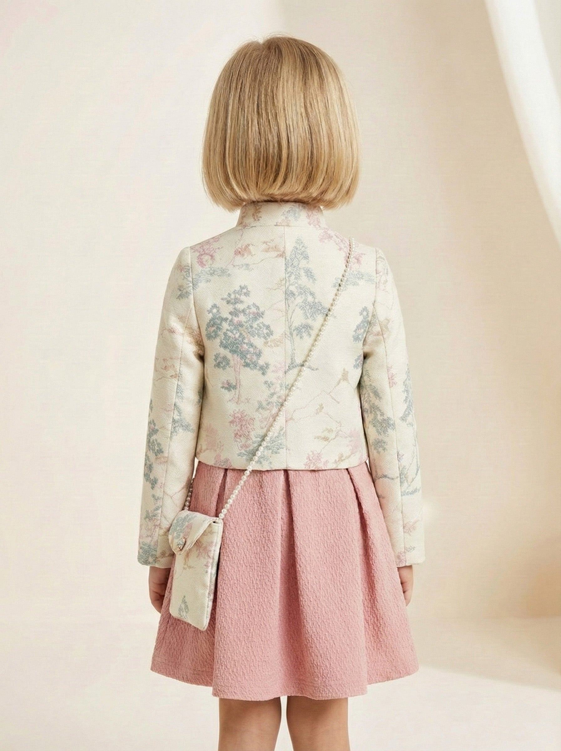 Vats Lil Luxe Floral Print Jacket with Pleated Skirt Girls Dress Set