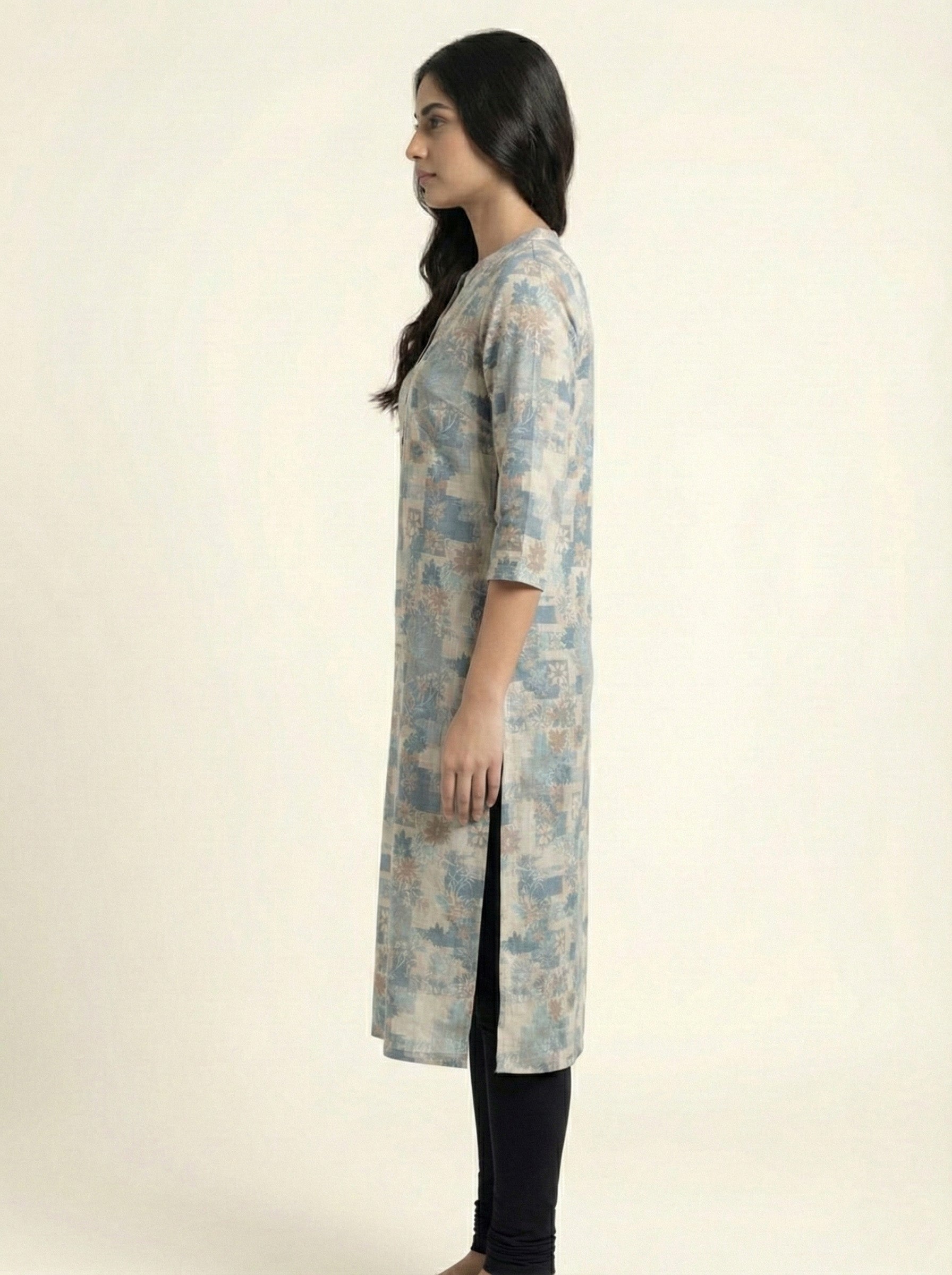 Soul Armor Ladies Floral Block Print Kurti with Mandarin Neck and Half Sleeves