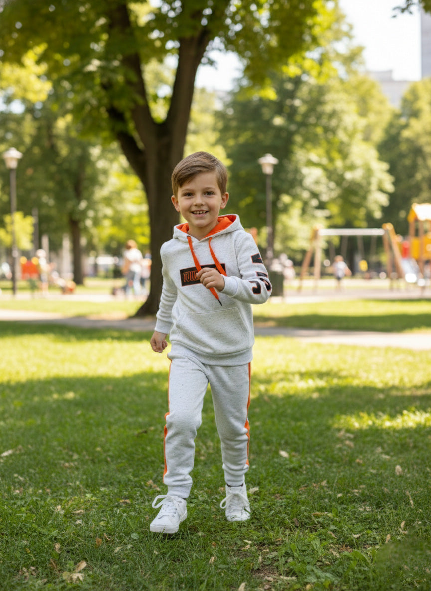 Vats Lil Luxe Boys White & Orange Printed Hooded Sweatshirt with Track Pant Co-Ord Set