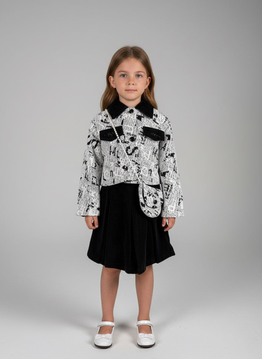 Vats Lil Luxe Printed Girls Cord Set with Jacket Style Top & Matching Skirt Dress