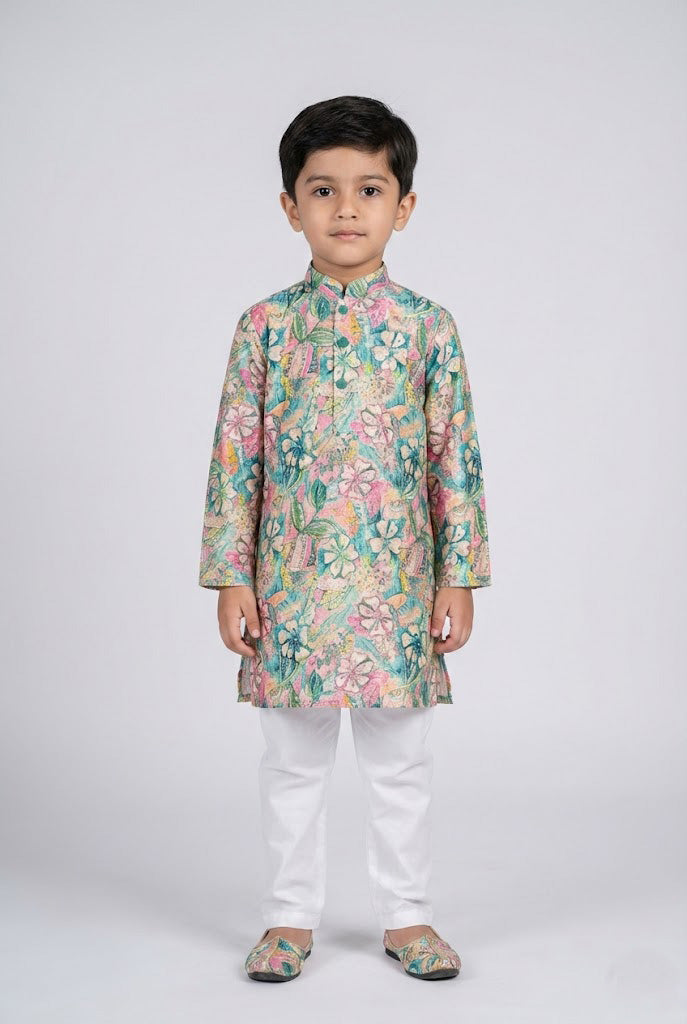 Elevate Pink Multicolor Floral Ethnic Design Straight Fit Full Sleeve Kurta Set