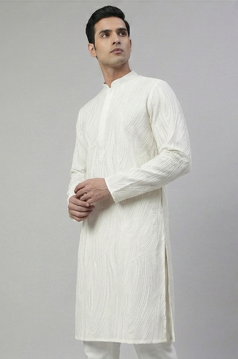 Soul Armor Mens White Subtle Textured All-Over Ethnic Print  Full Sleeve Kurta Set