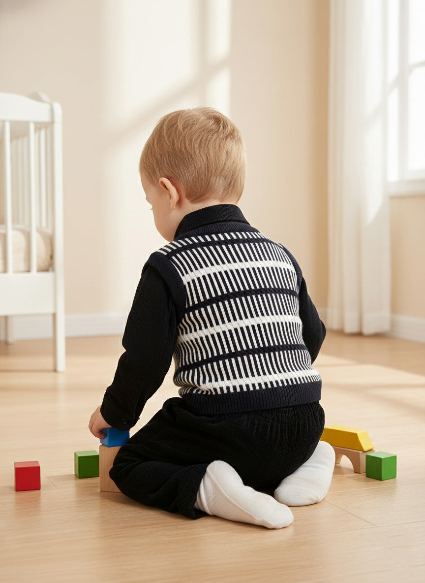 Vats Lil Luxe Baby Boys Black Printed Sweater Vest with Full Sleeve T-Shirt & Pant Set