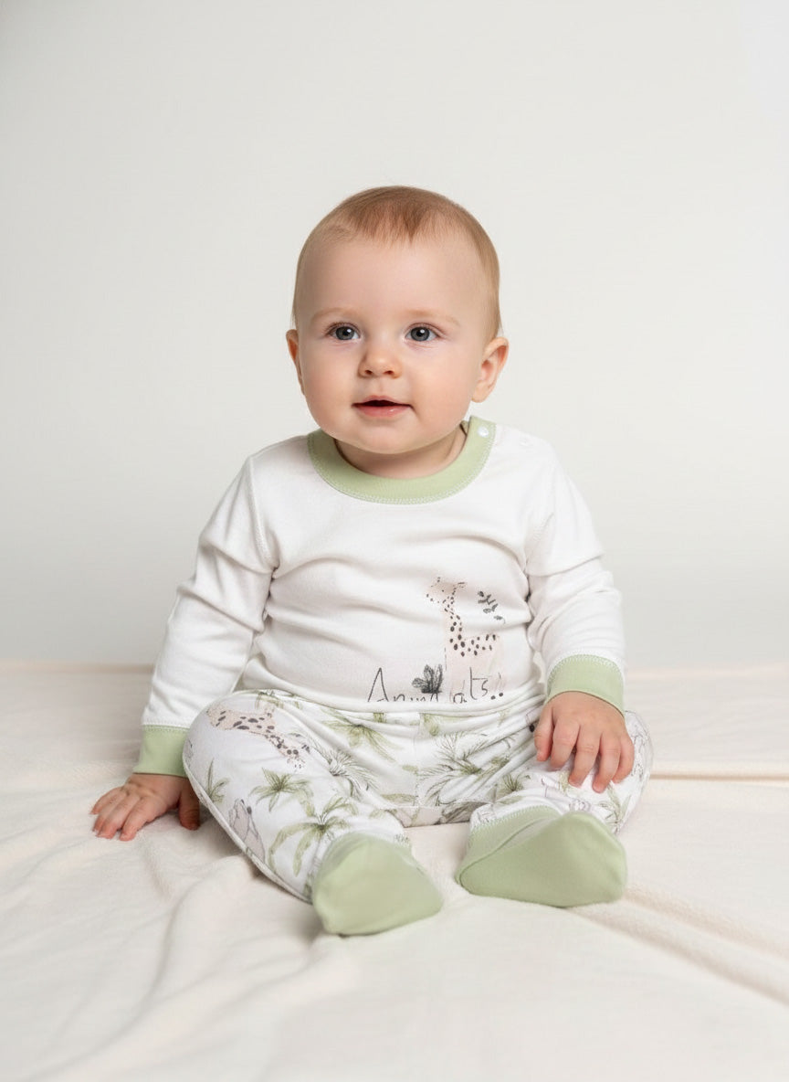 Vats Lil Luxe Baby White & Sage Green Printed Cotton Cord Set