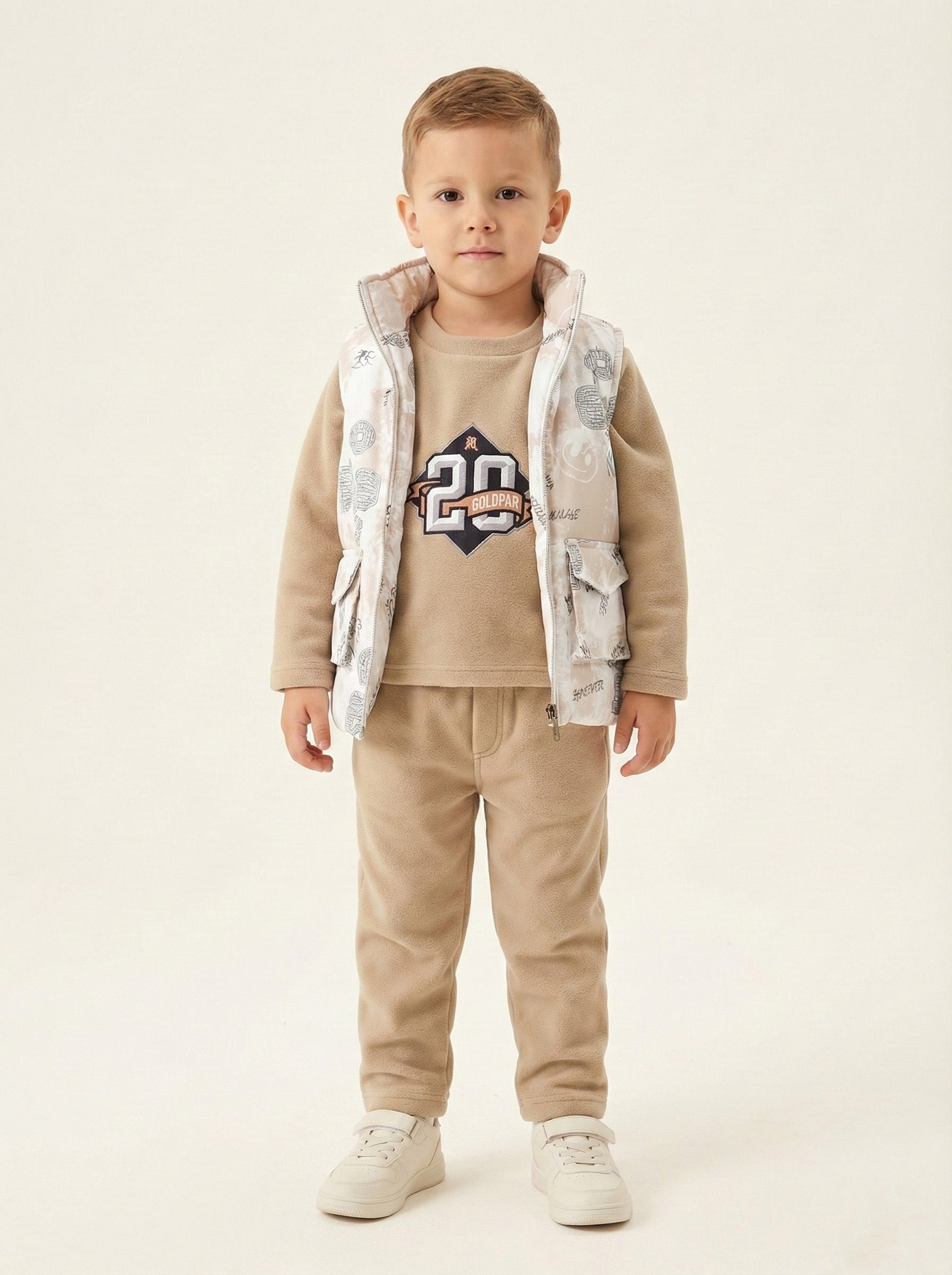Vats Lil Luxe Boys Printed Sweatshirt with Puffer Jacket & Track Pant Co-Ord Set