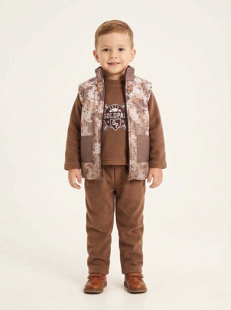 Vats Lil Luxe Boys Camouflage Print Sleeveless Jacket with Sweatshirt & Track Pant Co-Ord Set