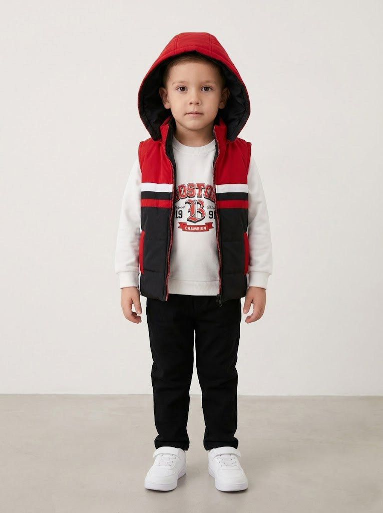 Vats Lil Luxe Boys  Hooded Sleeveless Jacket with Printed T-Shirt & Track Pant Co-Ord Set