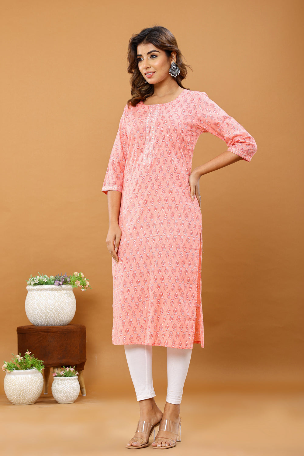Elevate Elegant Peach Printed Three-Quarter Sleeve Casual Kurta