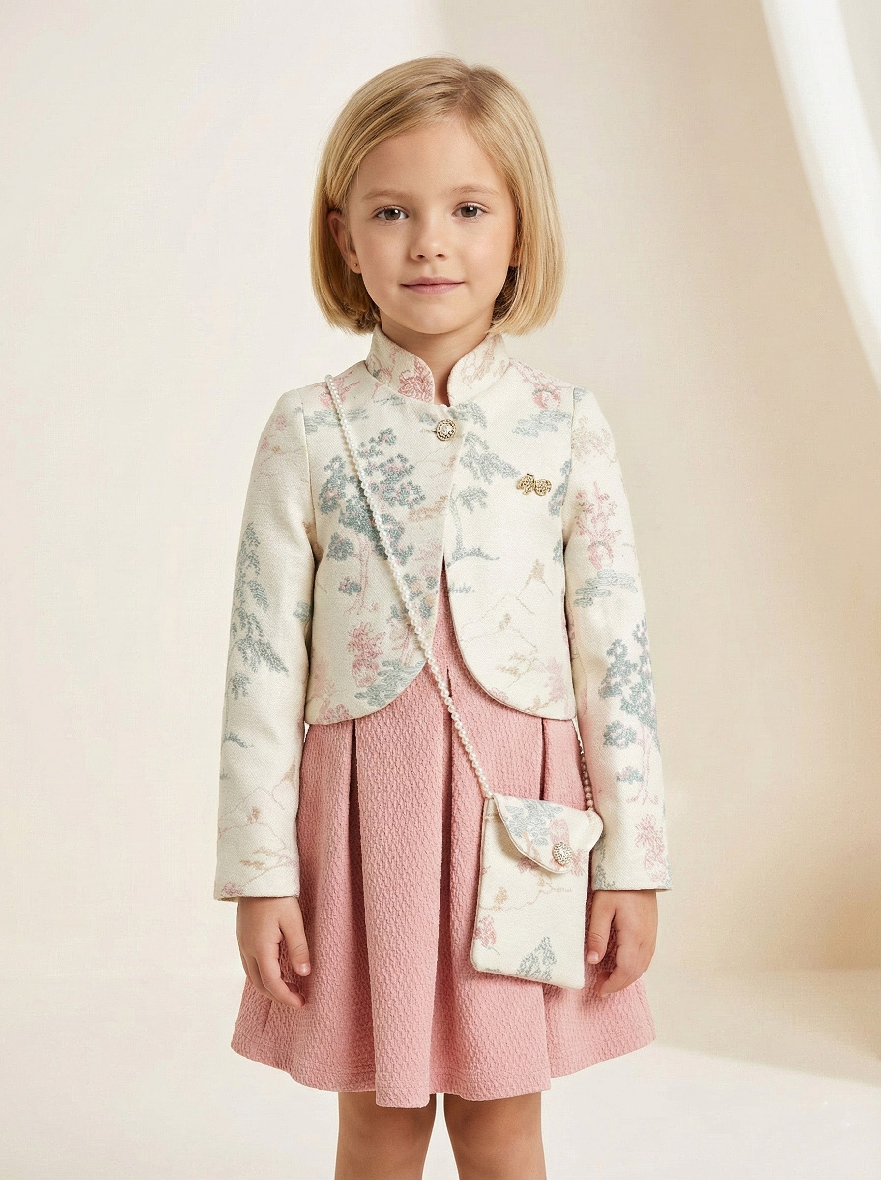 Vats Lil Luxe Floral Print Jacket with Pleated Skirt Girls Dress Set