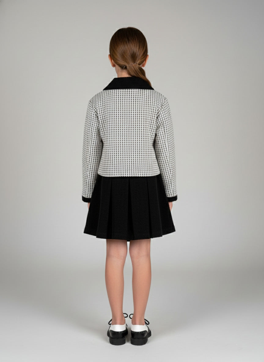 Vats Lil Luxe Girls Checked Shrug Set with Button Front Shrug & Pleated Skirt