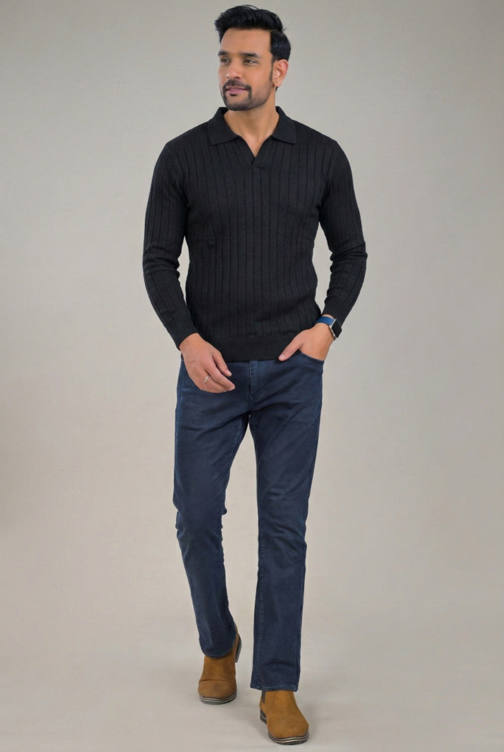 Soul Armor Solid Ribbed Wool Blend Polo Sweater