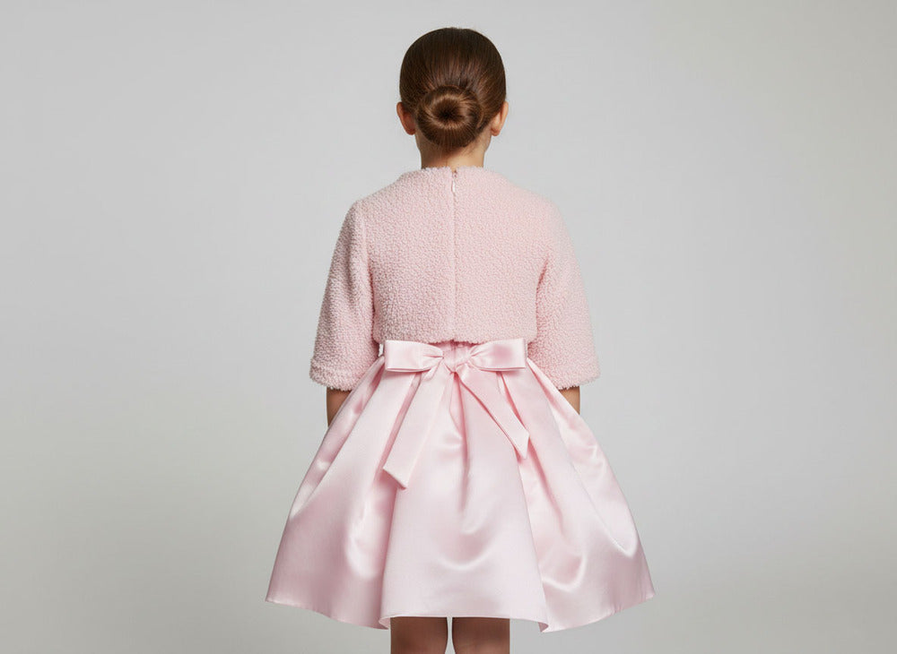Katibi Girls Pink Satin Party Wear Frock with Textured Shrug