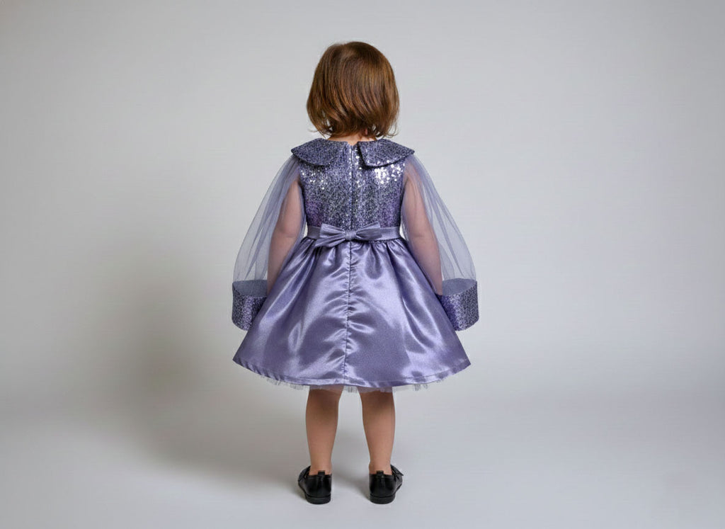 Katibi Lavender purple Satin Party Wear Dress with Net Sleeves for Girls