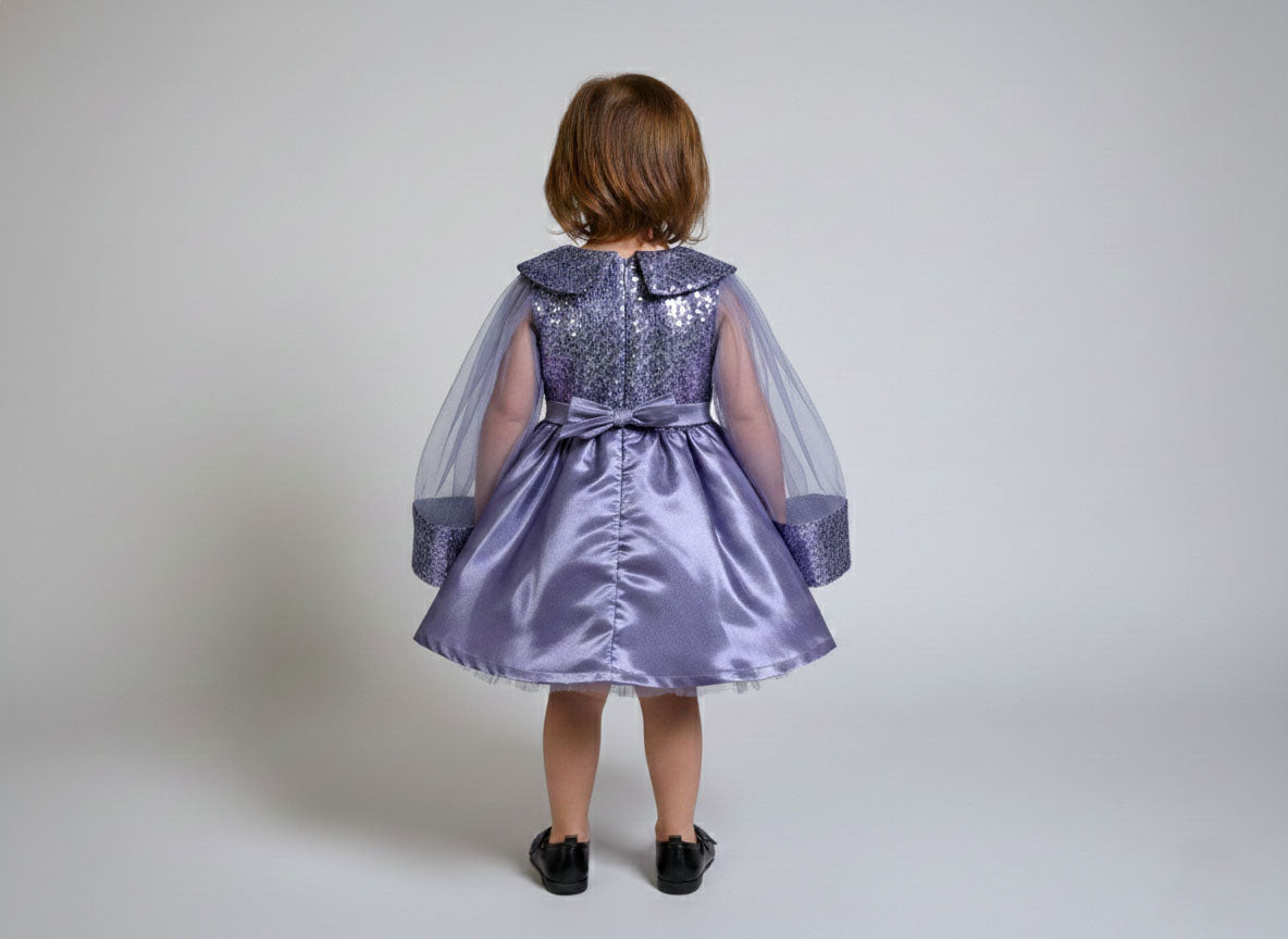 Katibi Lavender purple Satin Party Wear Dress with Net Sleeves for Girls