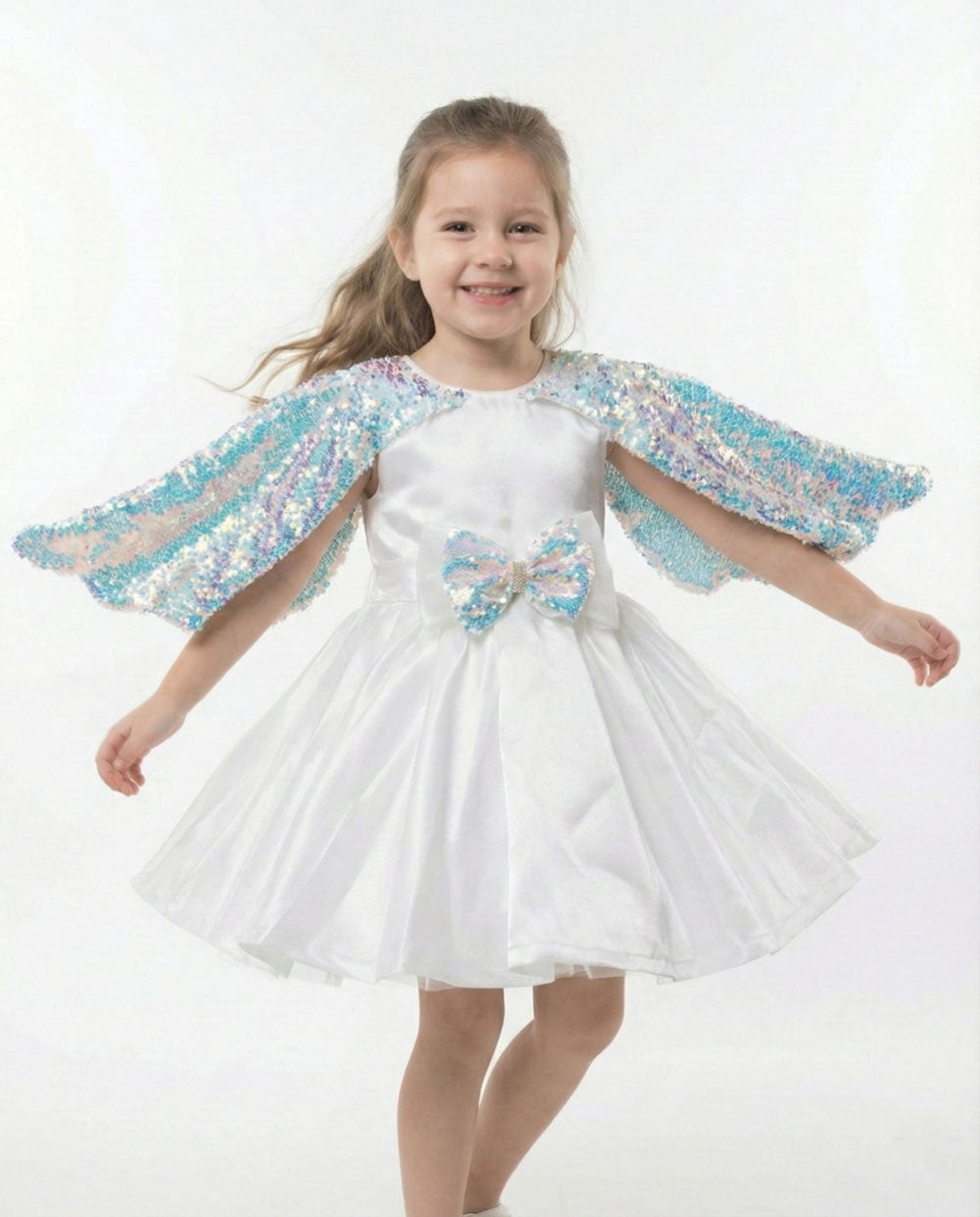Katibi Girls Cream Sequin Wing Sleeve Party Frock