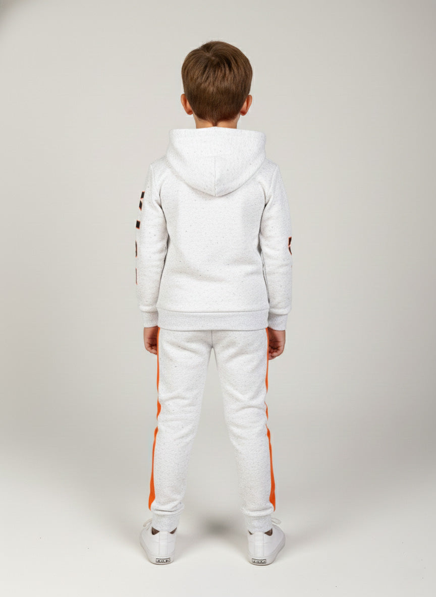Vats Lil Luxe Boys White & Orange Printed Hooded Sweatshirt with Track Pant Co-Ord Set
