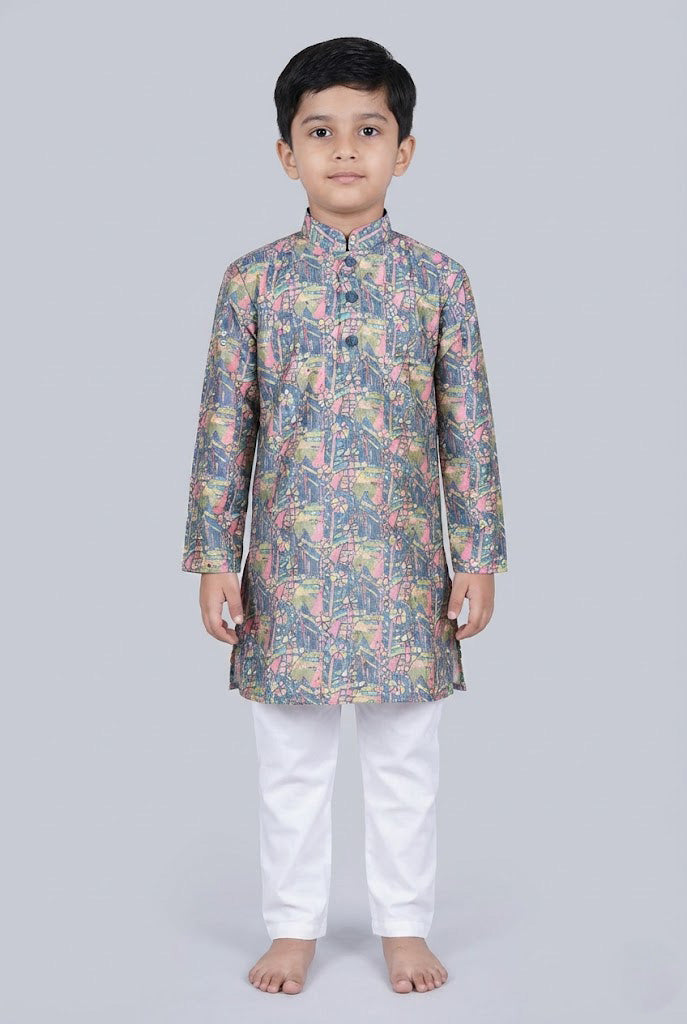 Elevate Blue Multicolor Ethnic Print Straight Fit Full Sleeve Kurta Set