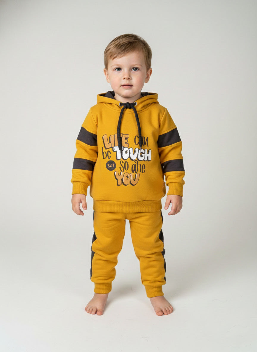 Vats Lil Luxe Boys Mustard Yellow Printed Hooded Sweatshirt with Track Pant Co-Ord Set