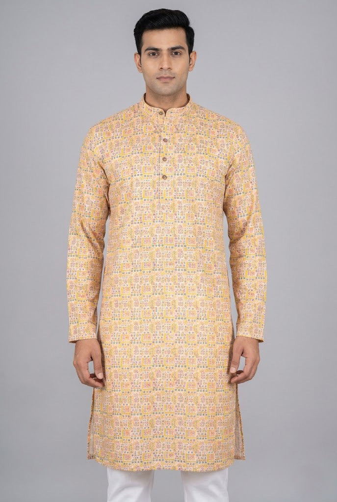Soul Armor Mens Yellow Ethnic Printed Kurta Set