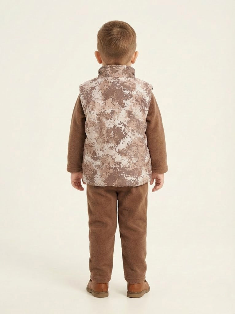 Vats Lil Luxe Boys Camouflage Print Sleeveless Jacket with Sweatshirt & Track Pant Co-Ord Set
