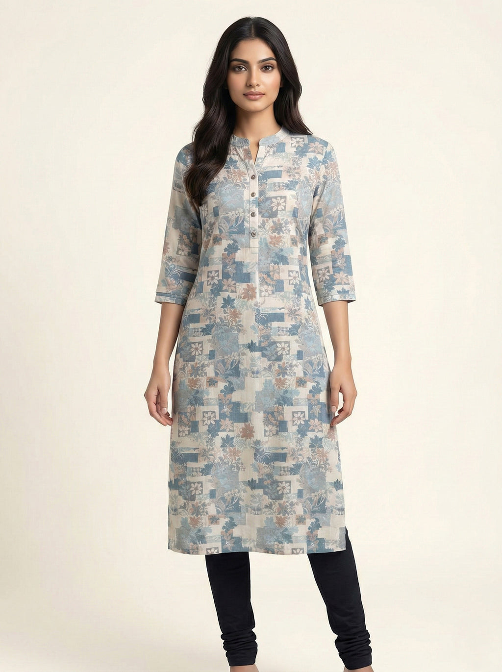 Soul Armor Ladies Floral Block Print Kurti with Mandarin Neck and Half Sleeves
