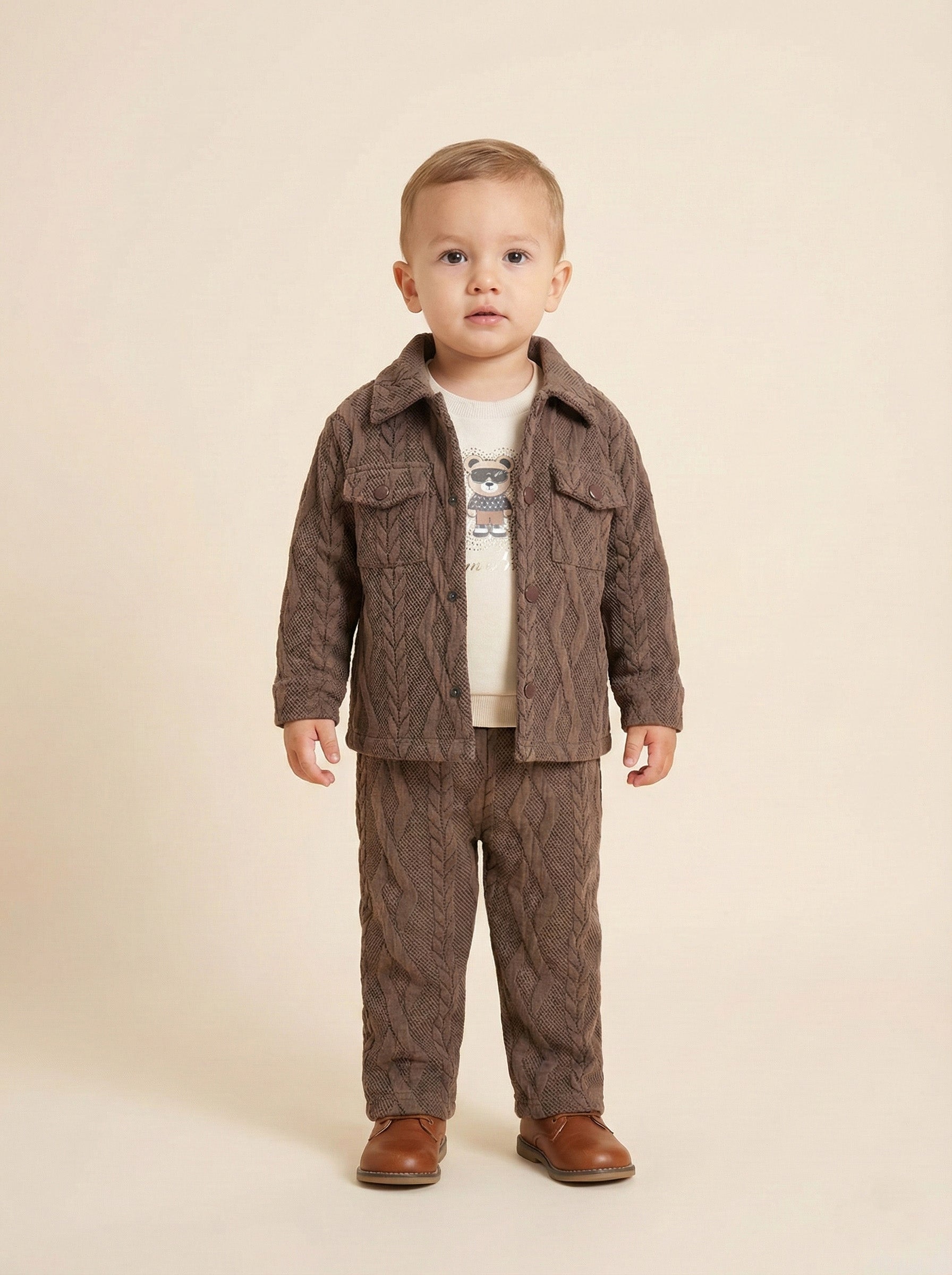 Vats Lil Luxe Baby Boys Brown Textured Jacket with T-Shirt & Pant Co-Ord Set