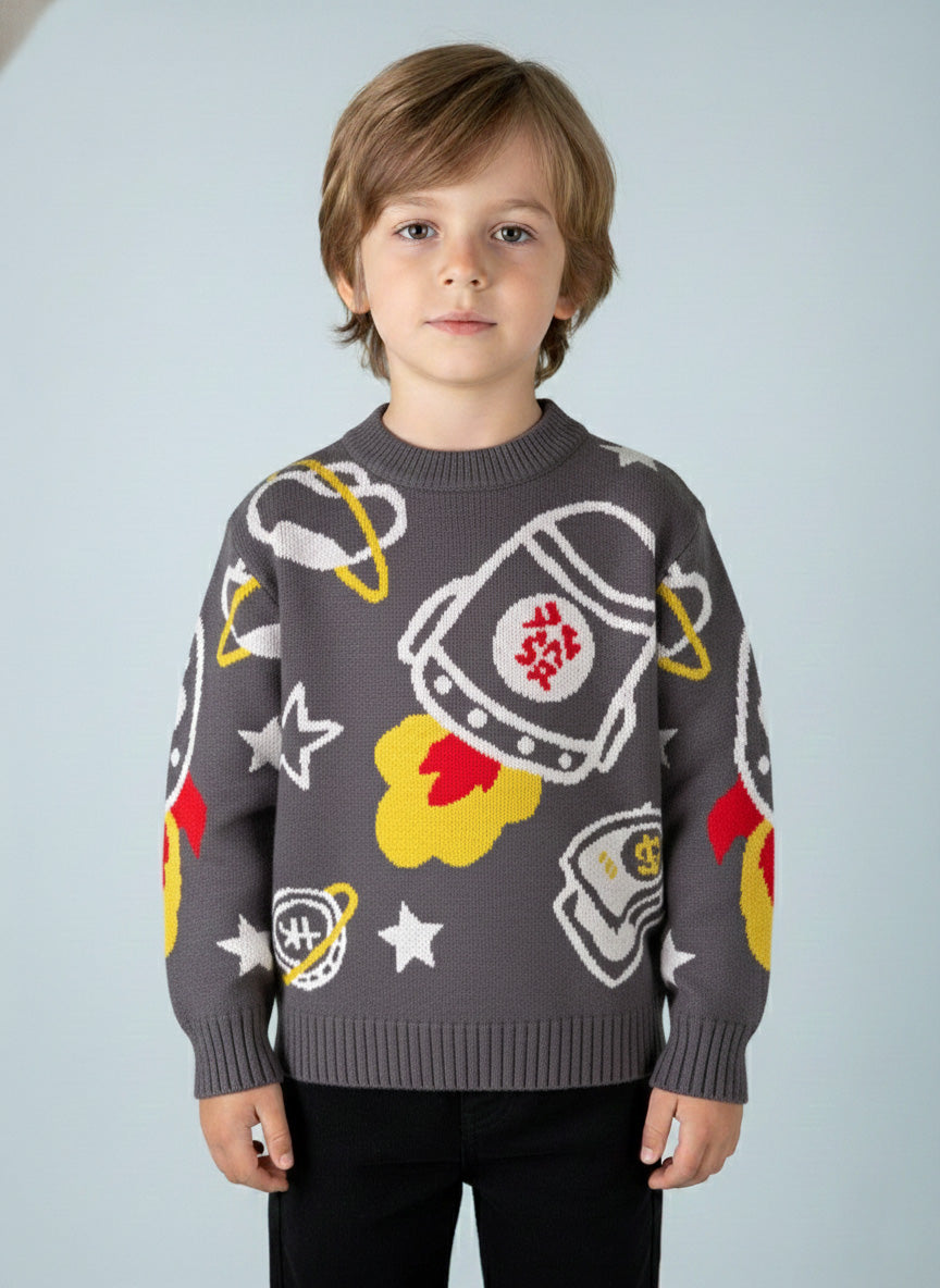 Vats Lil Luxe Printed Full Sleeve Kids Sweater with Cartoon Graphic Design