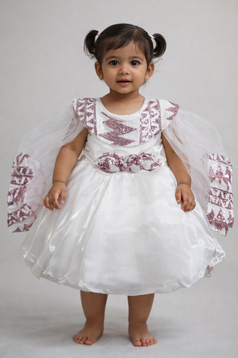 Katibi White Party Wear gown with Embroidered Sleeves for Baby Girls.