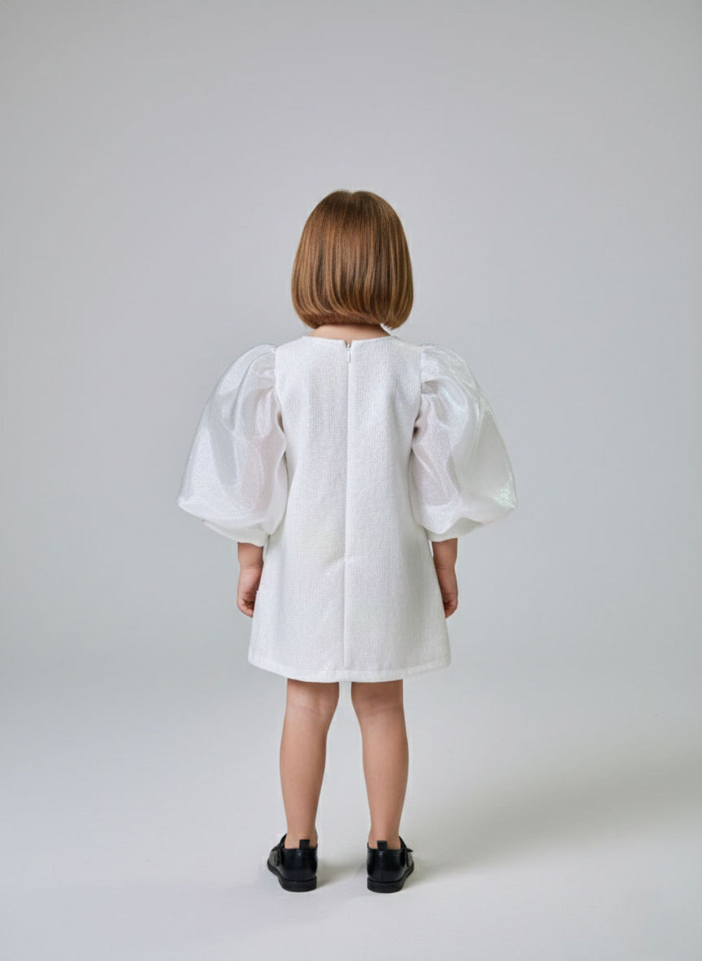 Katibi Girls Solid White Puff Sleeve Midi Dress