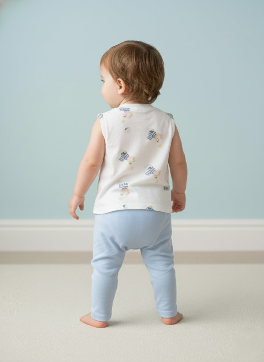Vats Lil Luxe Printed Sleeveless Baby T-Shirt with Front Button Detail