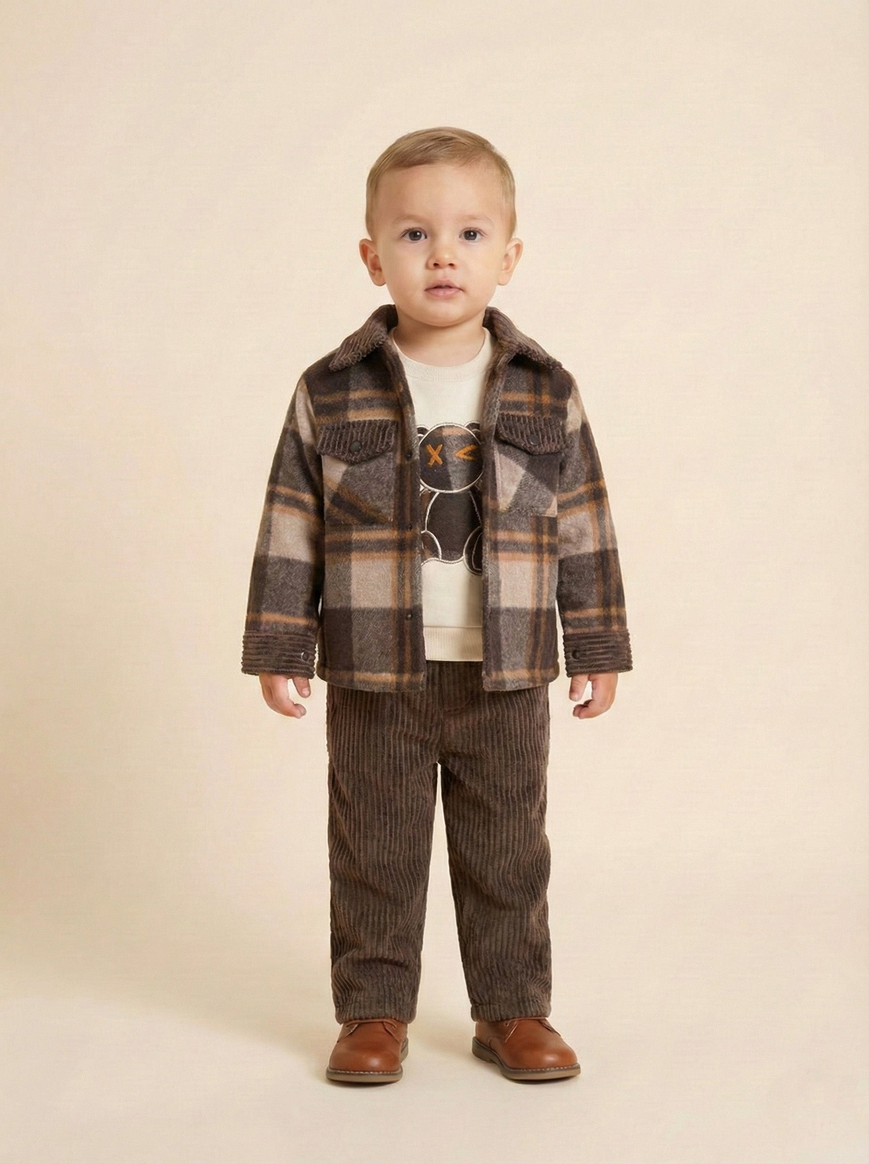 Vats Lil Luxe Boys Brown Checkered Jacket with T-Shirt & Corduroy Pant Co-Ord Set