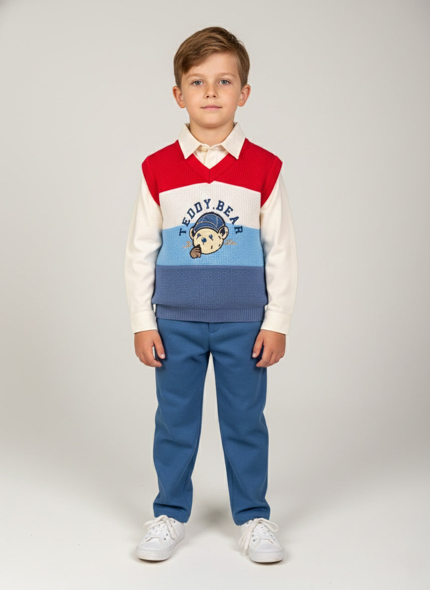 Vats Lil Luxe Boys Red, White & Blue Printed Sweatshirt with Blue Track Pant Co-Ord Set