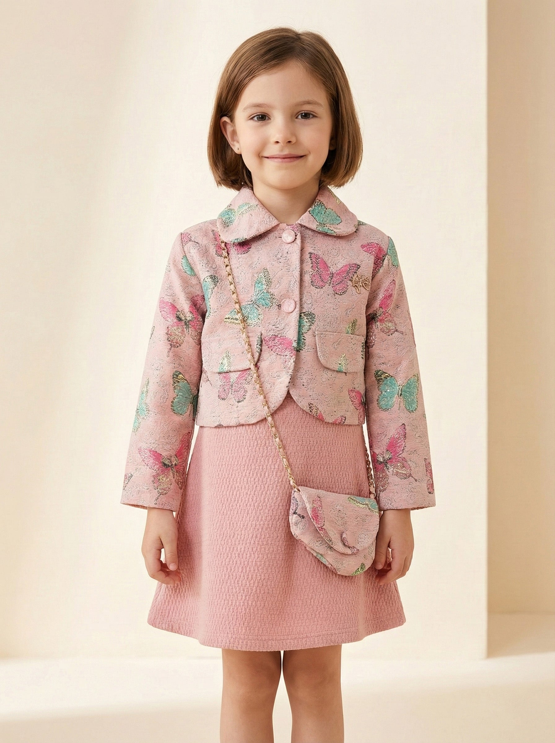 Vats Lil Luxe Butterfly Print Jacket with Skirt Girls Dress Set