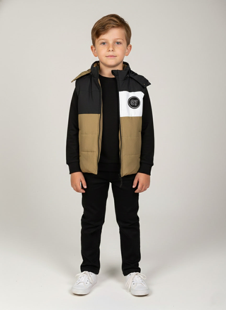 Vats Lil Luxe Boys Sleeveless Hooded Jacket with T-Shirt and Pant Set
