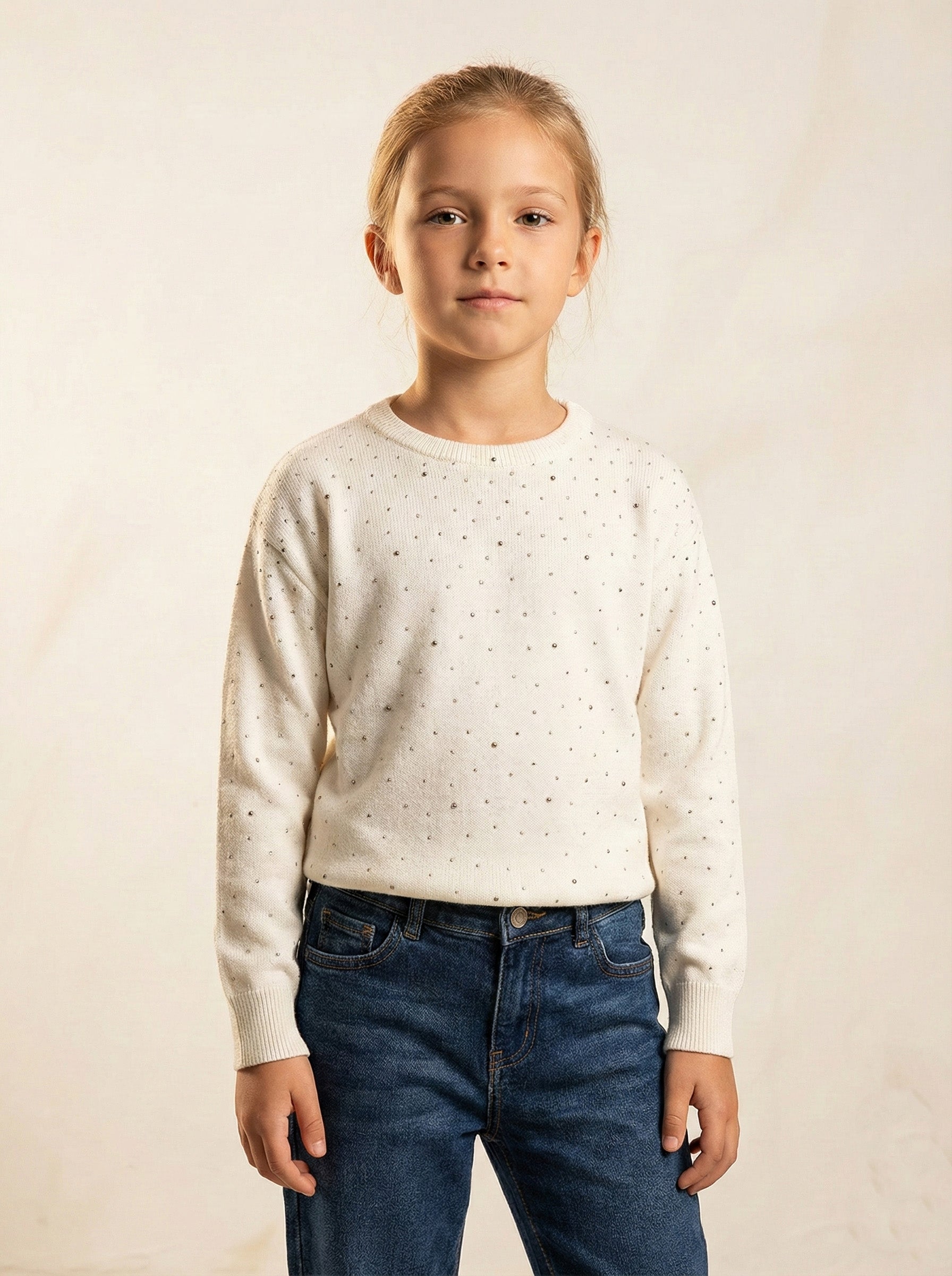 Vats Lil Luxe Solid Full Sleeve Dotted Girls Top