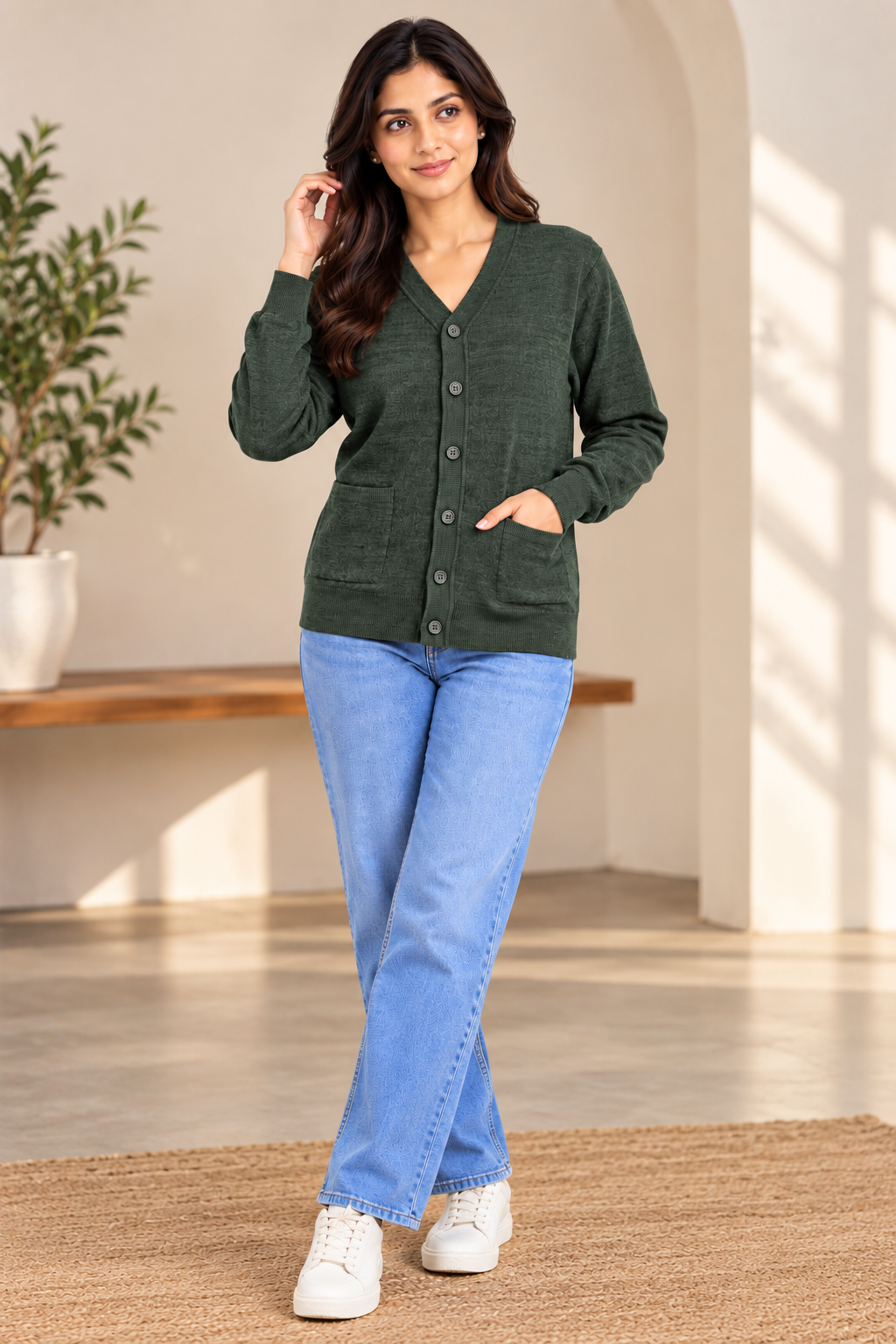 SOUL ARMOR Women's Solid V-Neck Button Cardigan | Soft Knit Full Sleeve Winter Cardigan with Pockets | Warm Casual Wear