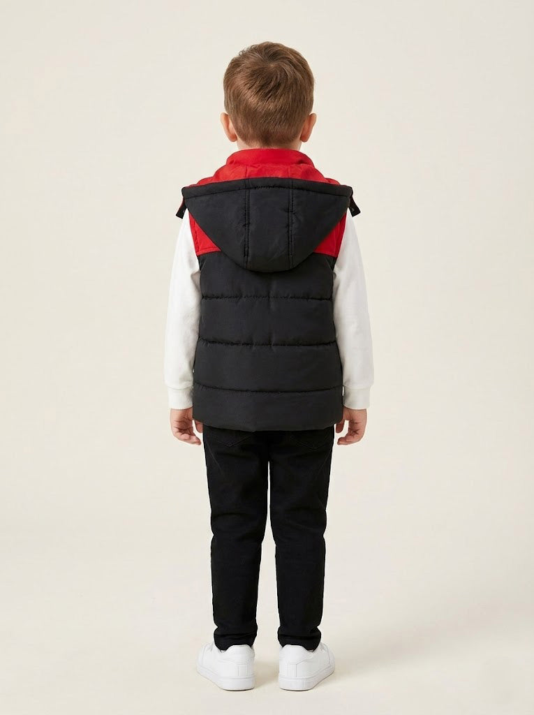 Vats Lil Luxe Boys  Hooded Sleeveless Jacket with Printed T-Shirt & Track Pant Co-Ord Set