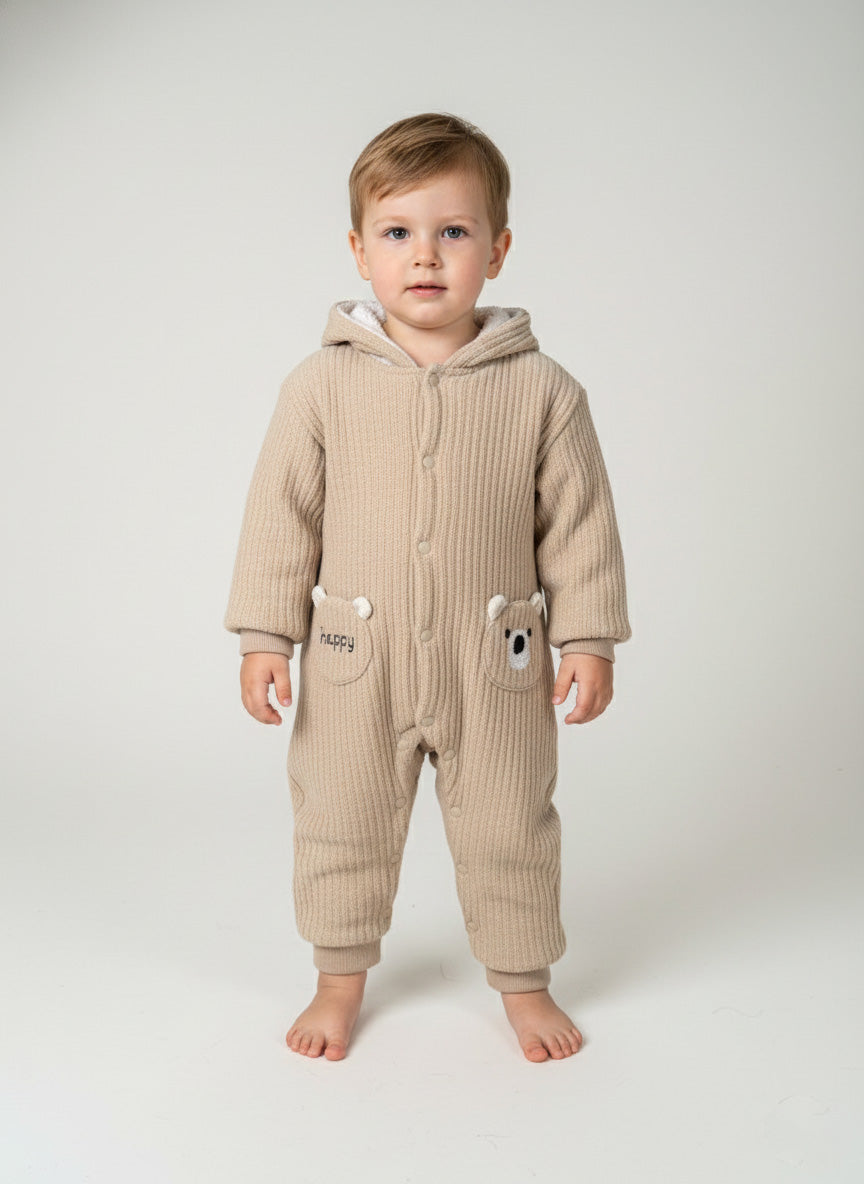 Vats Lil Luxe Baby Unisex Hooded Knitted Romper with Bear Pocket Design
