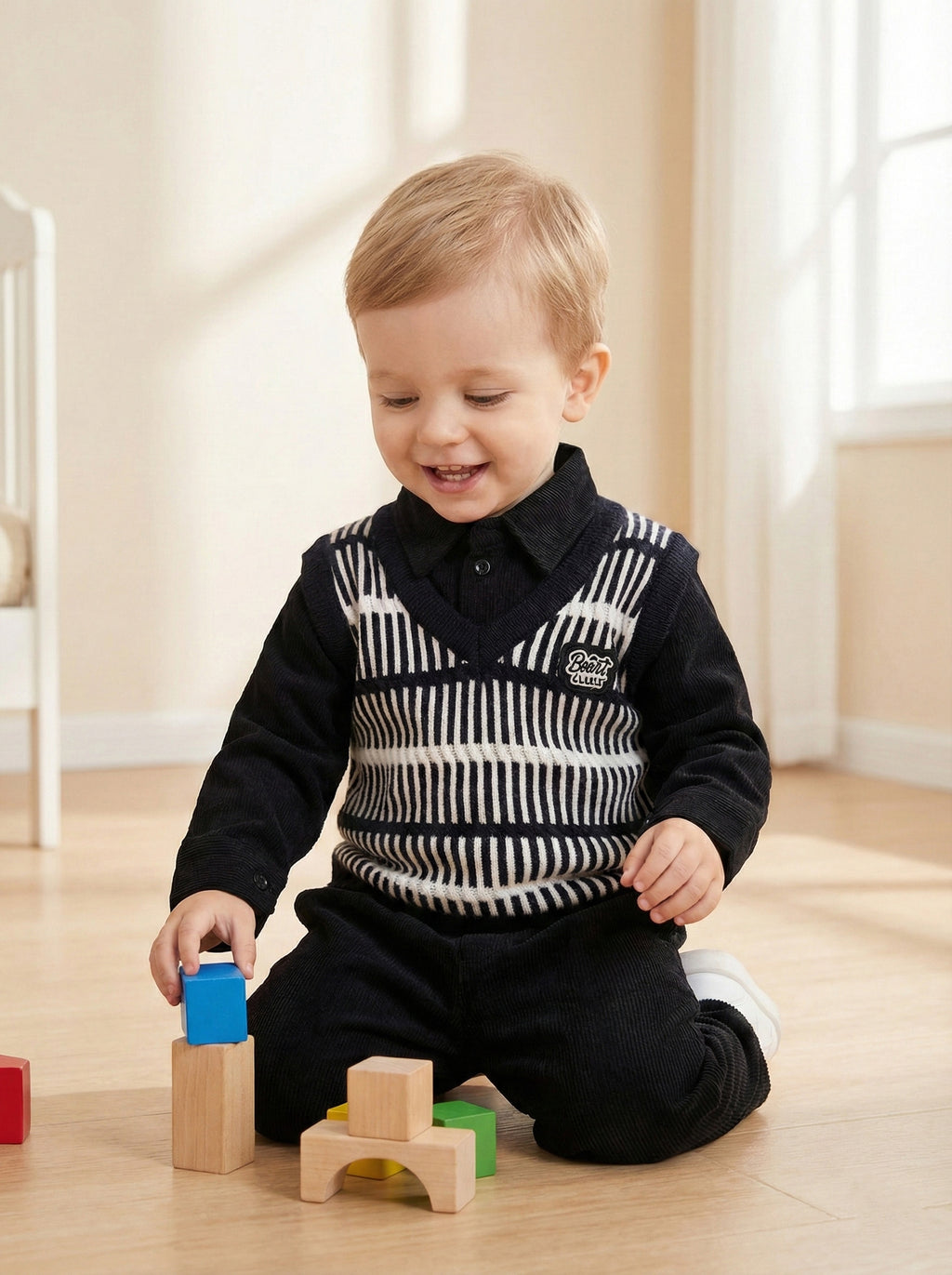 Vats Lil Luxe Baby Boys Black Printed Sweater Vest with Full Sleeve T-Shirt & Pant Set