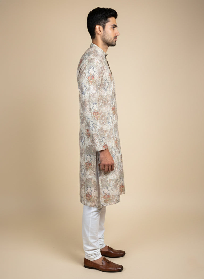 Soul Armor Soft Floral Print Mandarin Collar Mens Kurta Set
