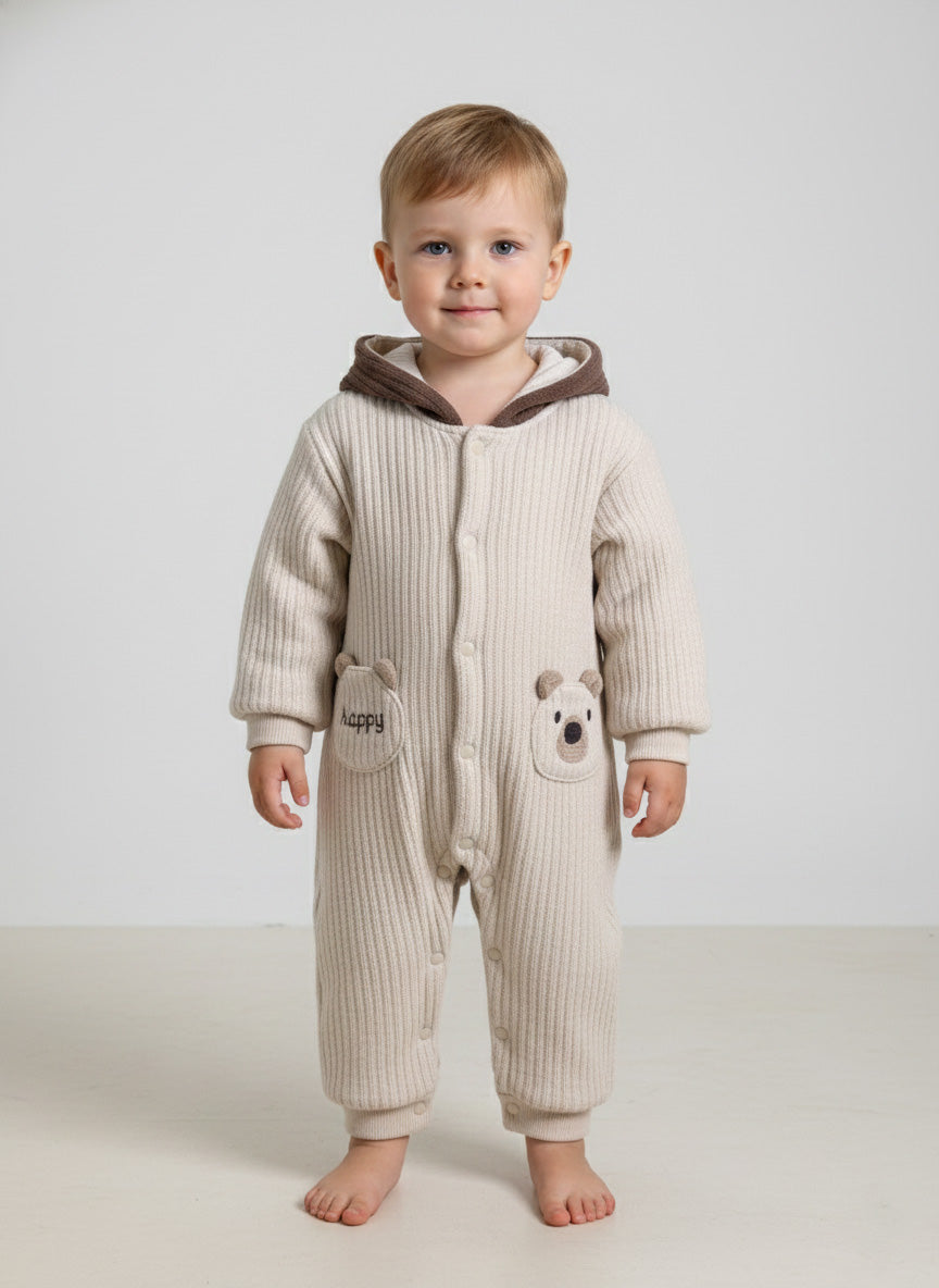 Vats Lil Luxe Baby Unisex Hooded Knitted Romper with Bear Pocket Design