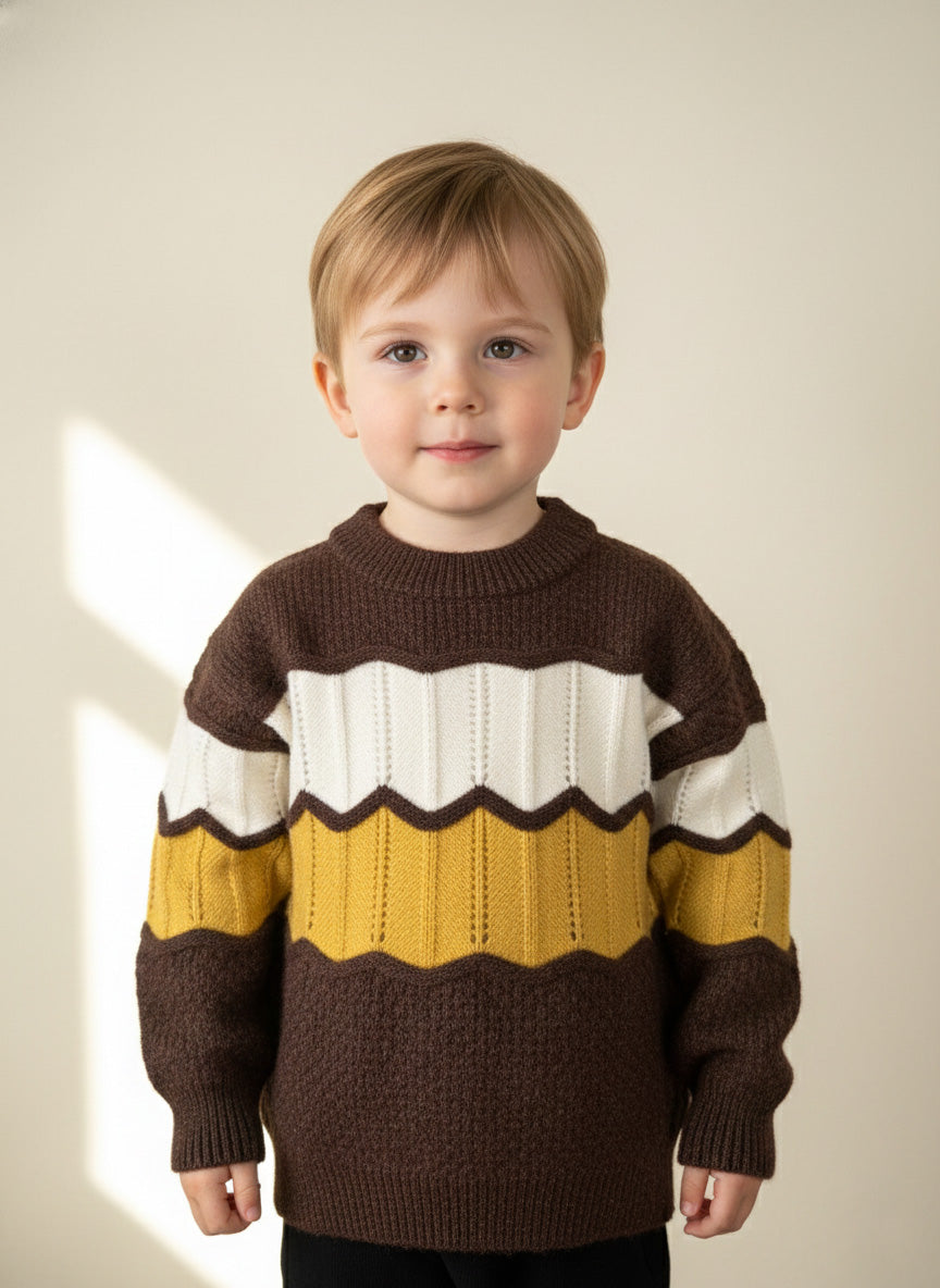 Vats Lil Luxe Colorblock Pattern Full Sleeve Kids Sweater with Zigzag Knit Design