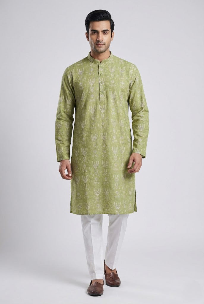 Soul Armor Mens Green All-Over Print Kurta Set