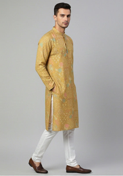 Soul Armor Mens Yellow Detailed All-Over Ethnic Motif Printed Kurta Set