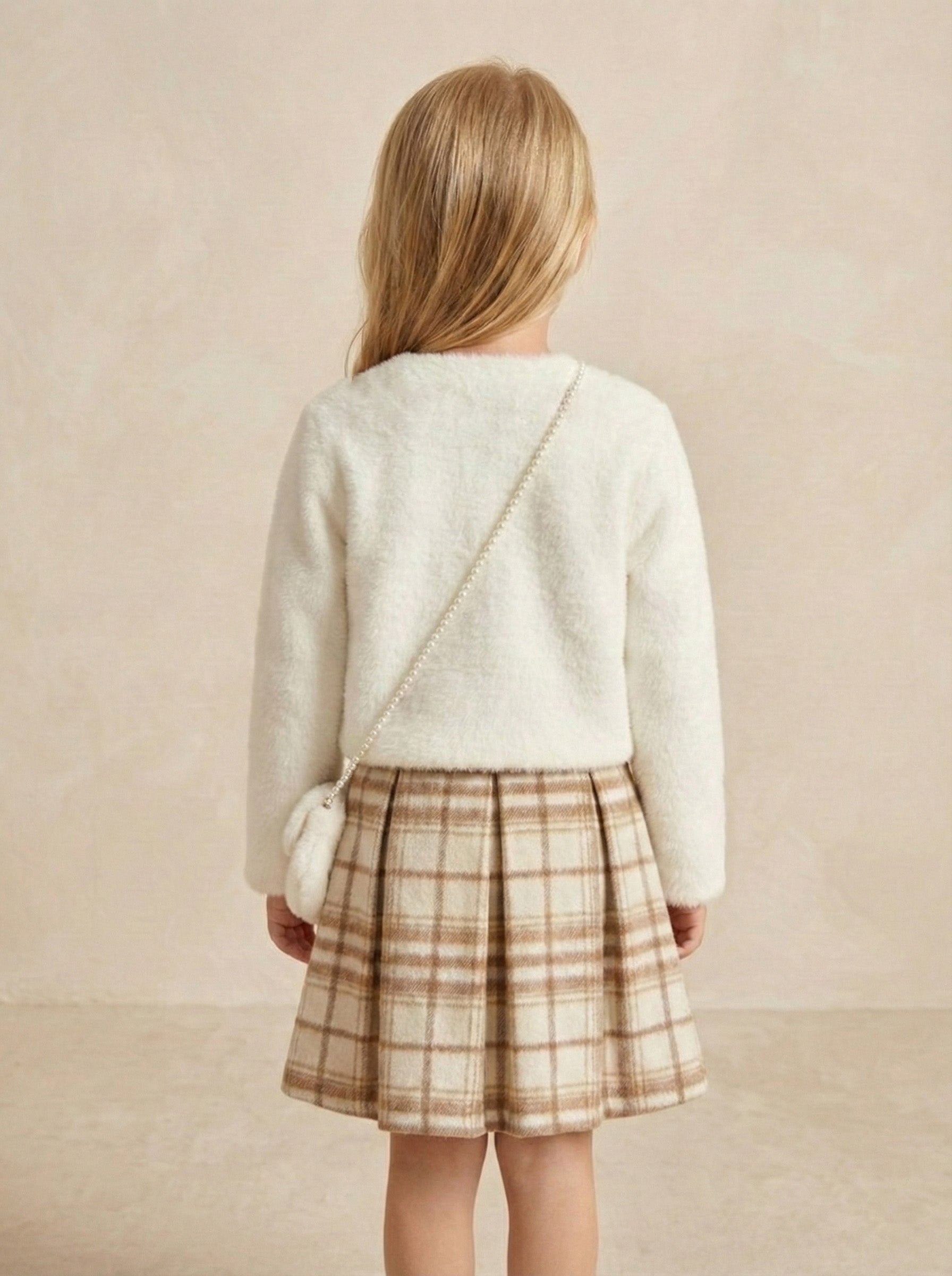 Vats Lil Luxe Cardigan with Checked Skirt Girls Dress Set