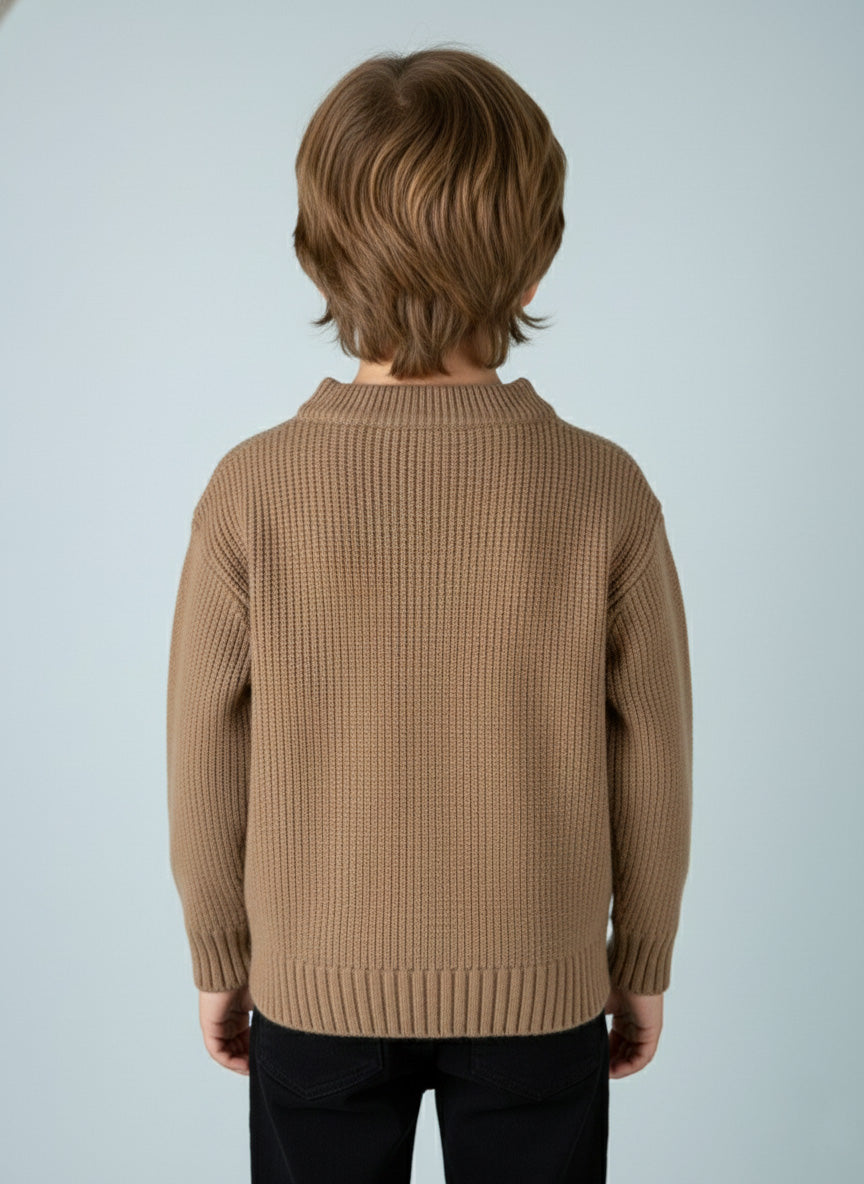 Vats Lil Luxe Brown Kids Sweater with Front Pocket and Ribbed Finish