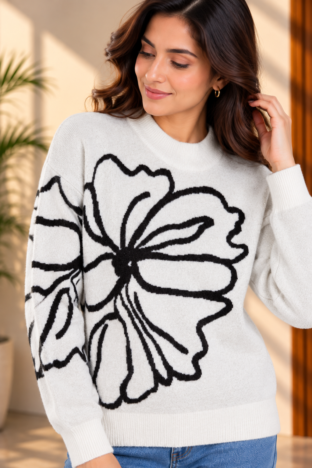SOUL ARMOR Women's White Black Floral Print Full Sleeve Winter Sweater | Soft Knit Round Neck Pullover | Casual Festive Wear