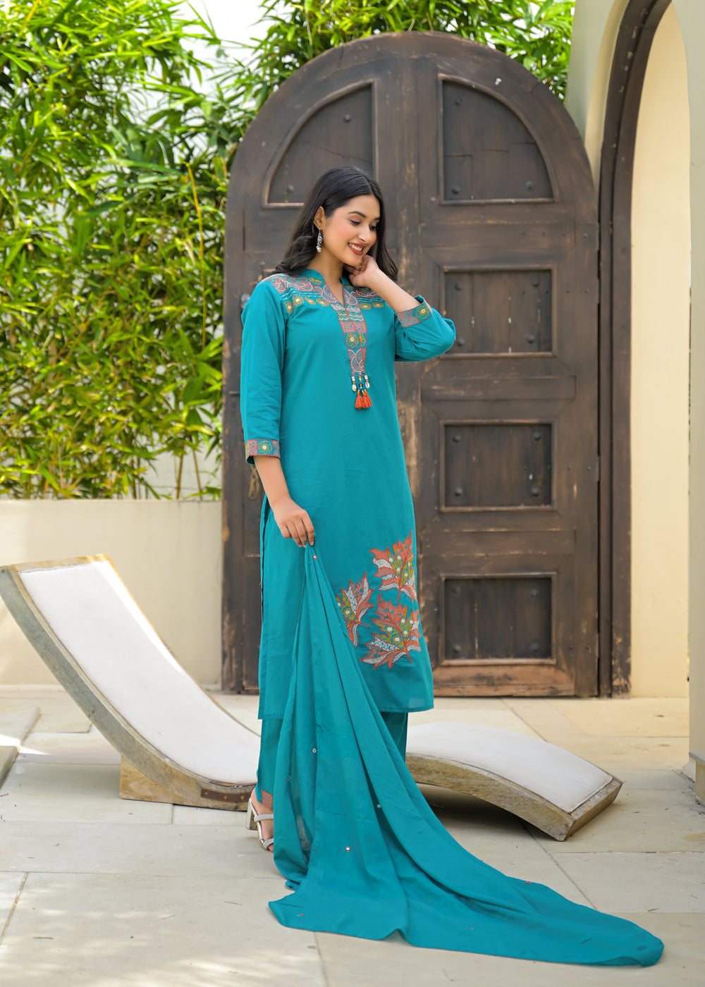 Soul Armor Stylish Neck Embroidered Kurta Set with Pant & Dupatta