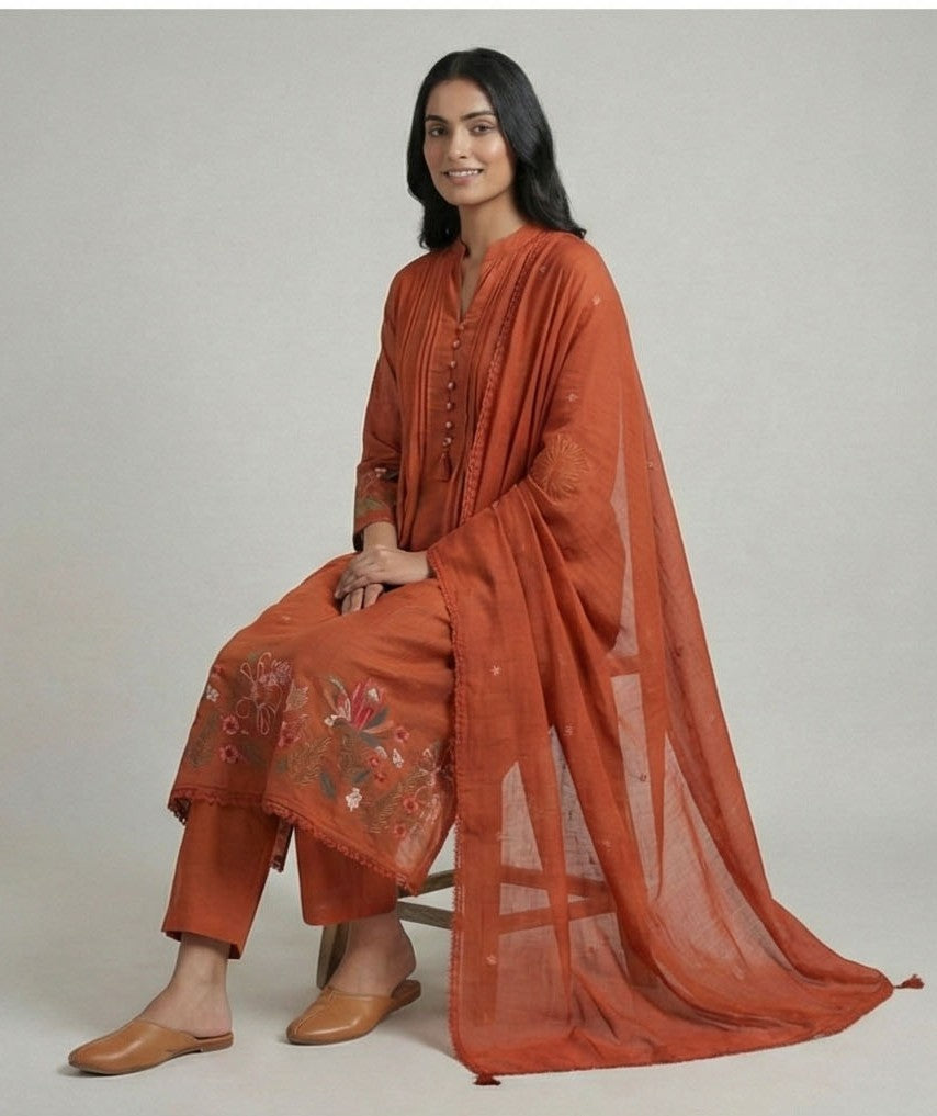 Soul Armor Ladies 3 Piece Kurti Set Featuring Embroidered Kurta, Bottom and Dupatta