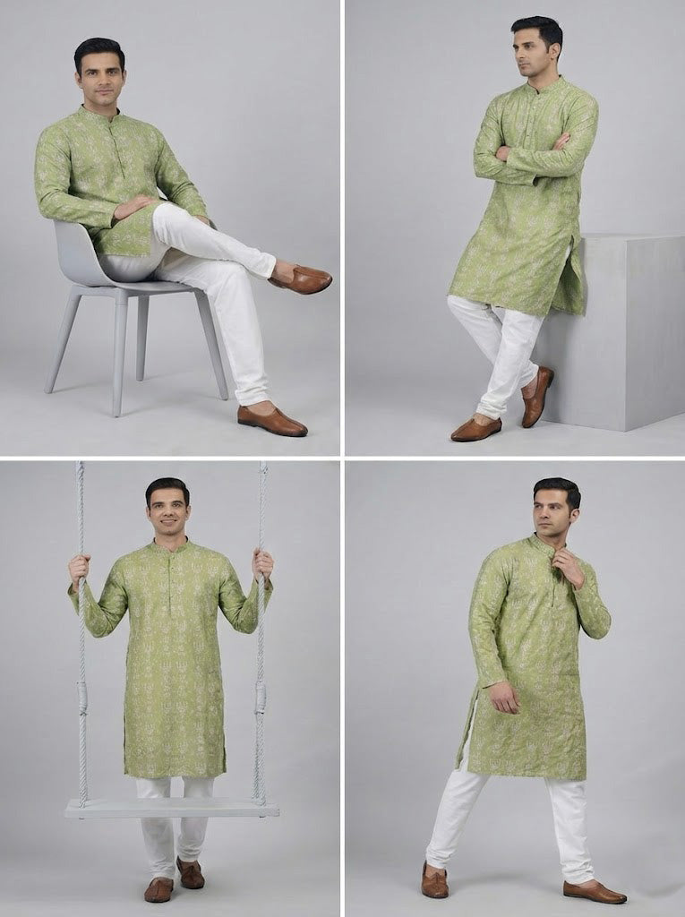 Soul Armor Mens Mehandi All-Over Printed Straight Fit Full Sleeve Ethnic Kurta Set